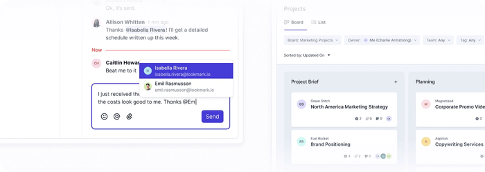 Split-screen showing a chat and a task board with marketing projects.