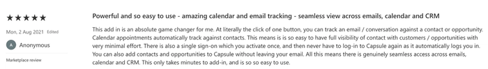 A 5-star review praises an add-in for powerful, easy calendar and email tracking with seamless CRM integration.