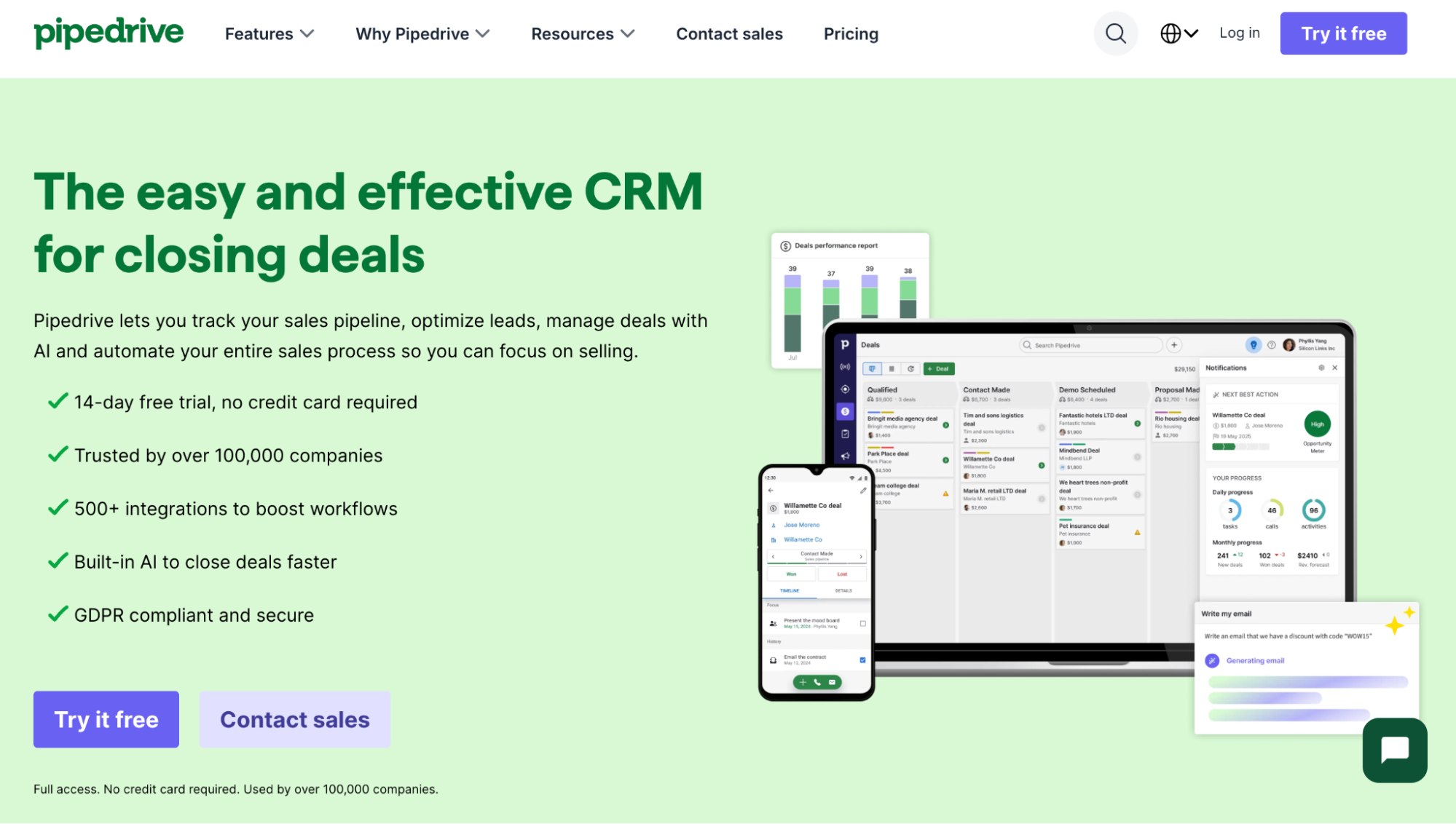 Pipedrive homepage displaying its CRM software interface on a laptop and mobile phone, with a sales performance chart and text promoting easy deal closing.