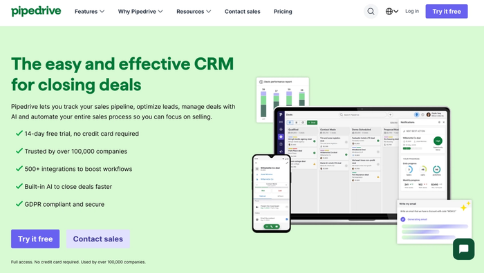 Pipedrive homepage displaying its CRM software interface on a laptop and mobile phone, with a sales performance chart and text promoting easy deal closing.