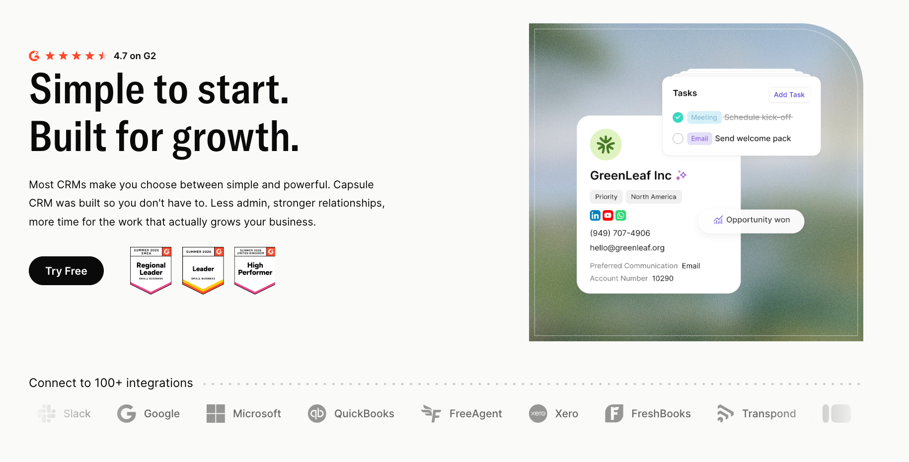 Capsule CRM advertisement featuring marketing text, industry awards, integration logos, and a user interface preview of a company contact with associated tasks.