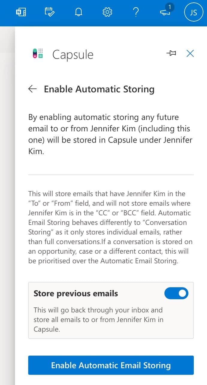 Habilitar el almacenamiento automático de contactos en Capsule
