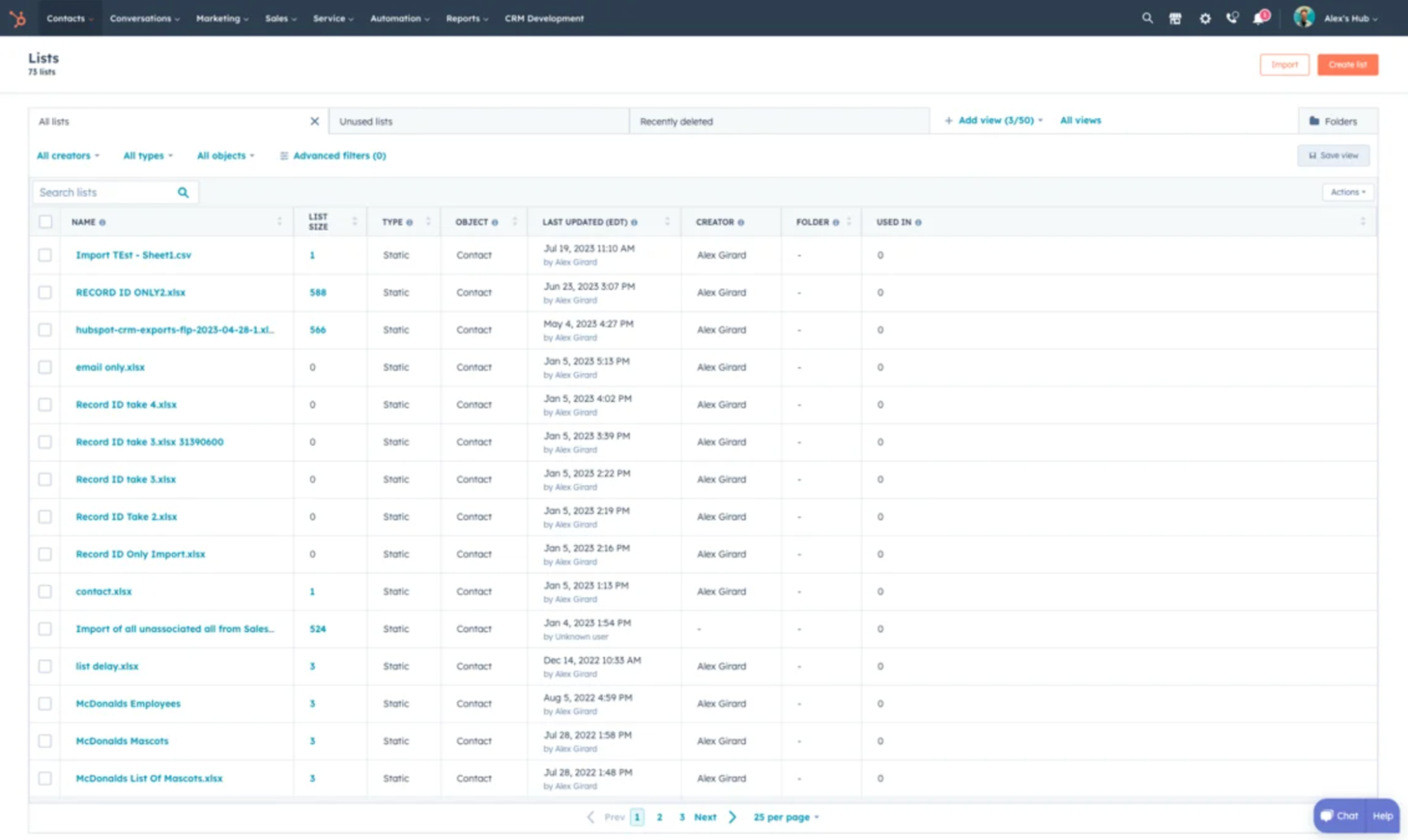 A list management interface showing data lists in a table with columns for Name, List Size, Type, Object, Last Updated, and Creator, plus filtering and search options.