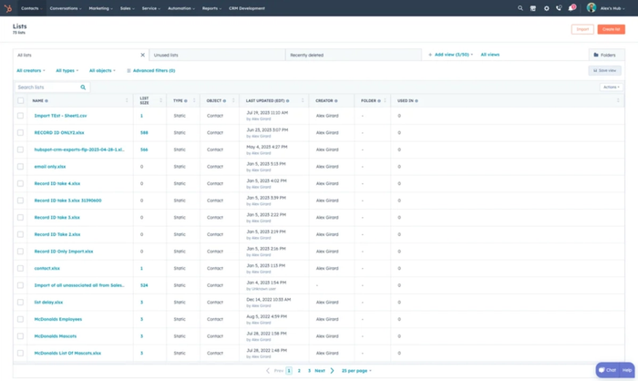 A list management interface showing data lists in a table with columns for Name, List Size, Type, Object, Last Updated, and Creator, plus filtering and search options.