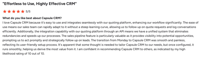 A 5/5 star customer review for Capsule CRM, titled 'Effortless to Use, Highly Effective CRM'.