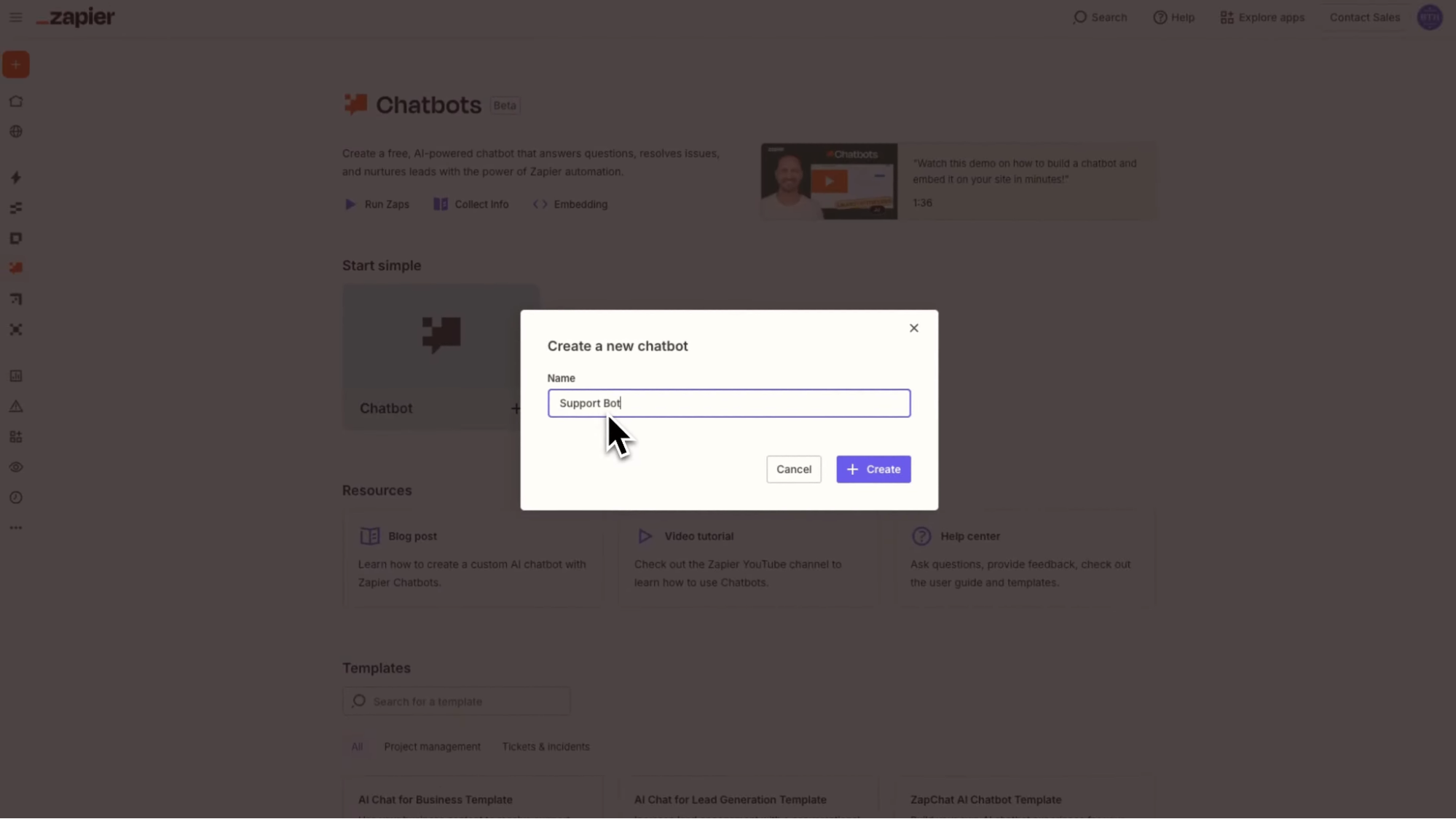 Zapier’s chatbot builder interface displaying a modal to name a new chatbot with “Support Bot” typed in the field.