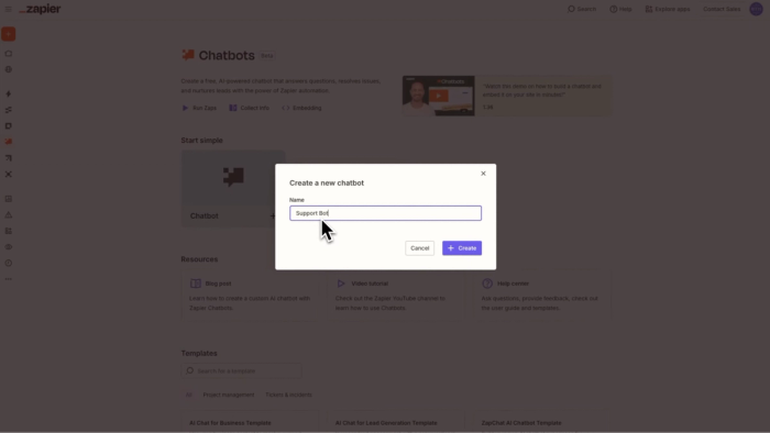 Zapier’s chatbot builder interface displaying a modal to name a new chatbot with “Support Bot” typed in the field.