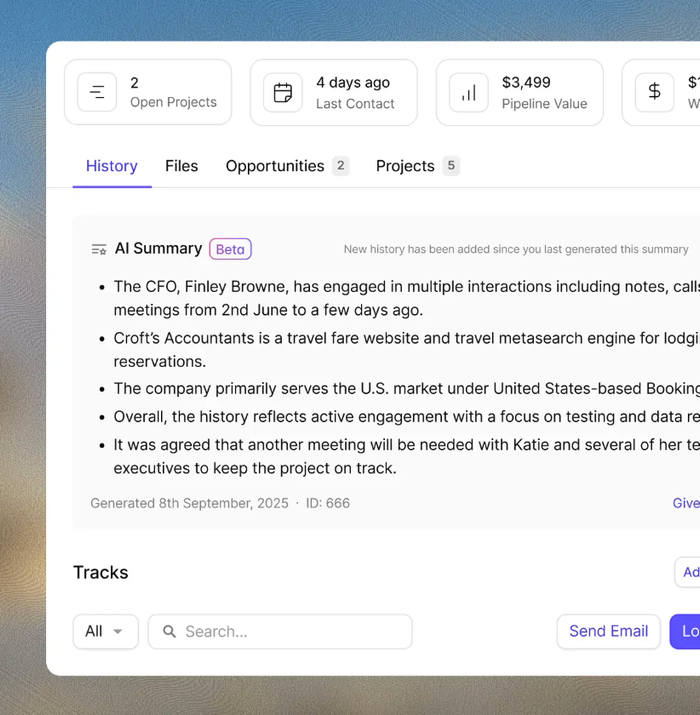 A software interface shows an AI-generated summary of client engagement details, including history, projects, and pipeline metrics.