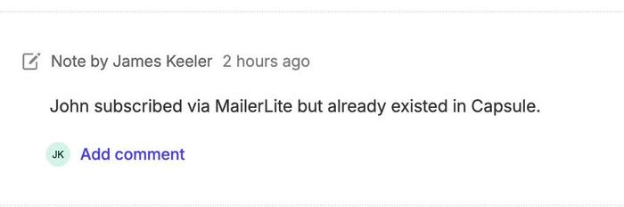 note ajoutée pour tester le contact Capsule via le scénario MailerLite