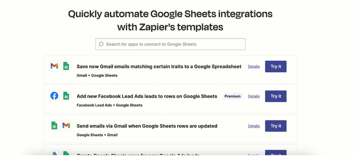 List of apps to connect with Google Sheets using Zapier's templates