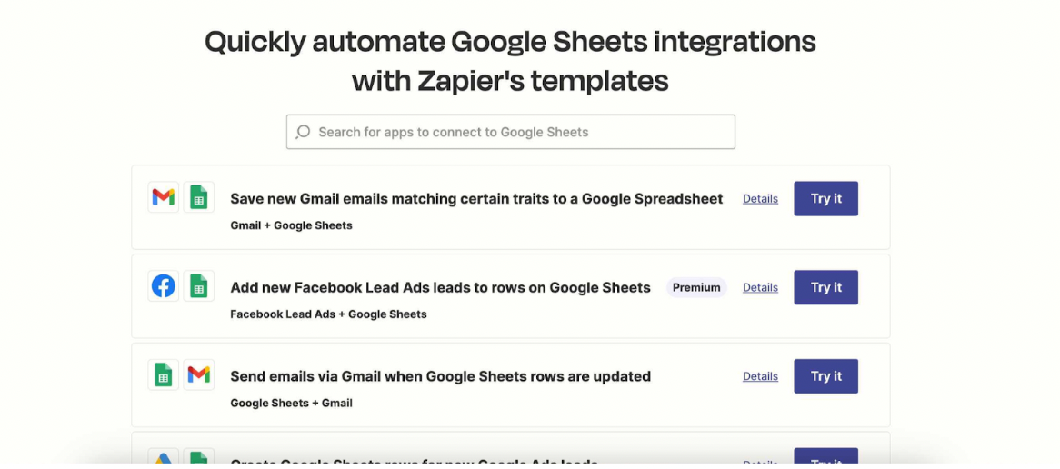 List of apps to connect with Google Sheets using Zapier's templates