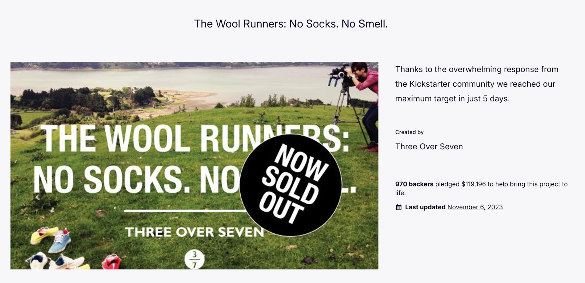 Kickstarter graphic for The Wool Runners shoes showing “Now Sold Out” badge after reaching funding goal in 5 days.