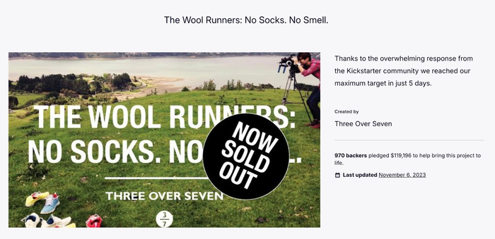 Kickstarter graphic for The Wool Runners shoes showing “Now Sold Out” badge after reaching funding goal in 5 days.