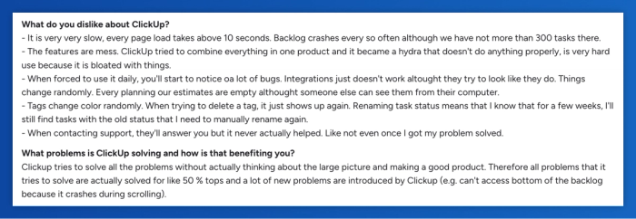 a page that says what do you dislike about clickup