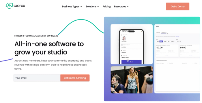 Homepage for Glofox fitness studio management software, showing its mobile app, sales dashboard, and people working out.