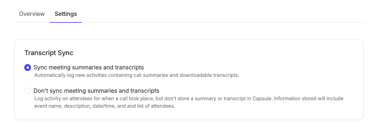 zoom integration transcript sync settings with full transcript sync enabled 