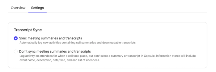 zoom integration transcript sync settings with full transcript sync enabled