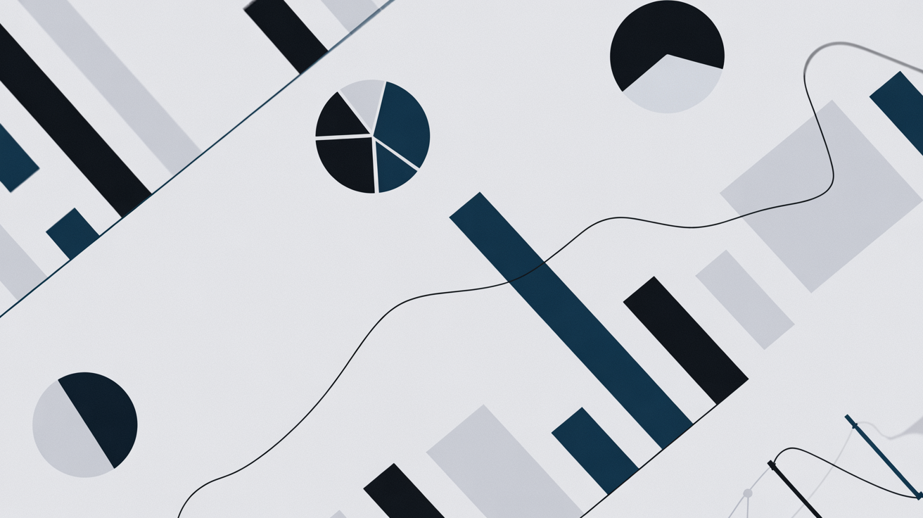 Abstract background of bar charts, pie charts, and line graphs in black, dark blue, and grey.