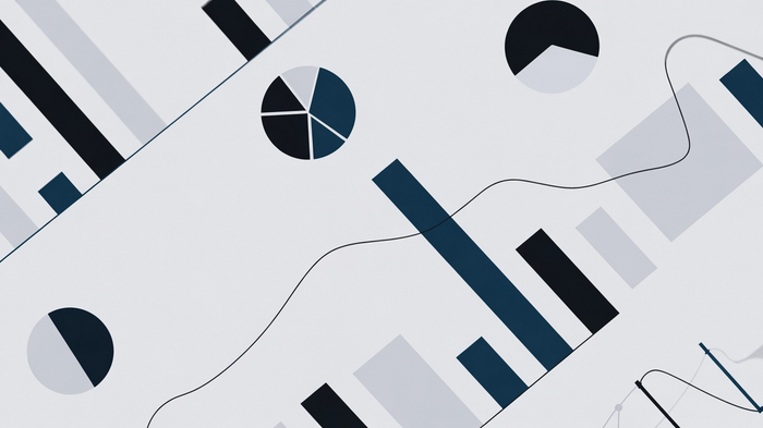 Abstract background of bar charts, pie charts, and line graphs in black, dark blue, and grey.