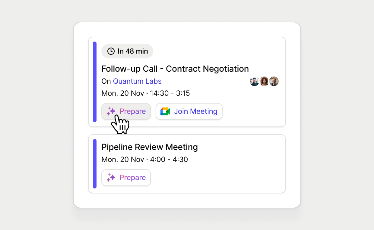 Un widget de calendario digital muestra las próximas reuniones, con el cursor del ratón posado sobre un botón de «Preparar» para una llamada de seguimiento.