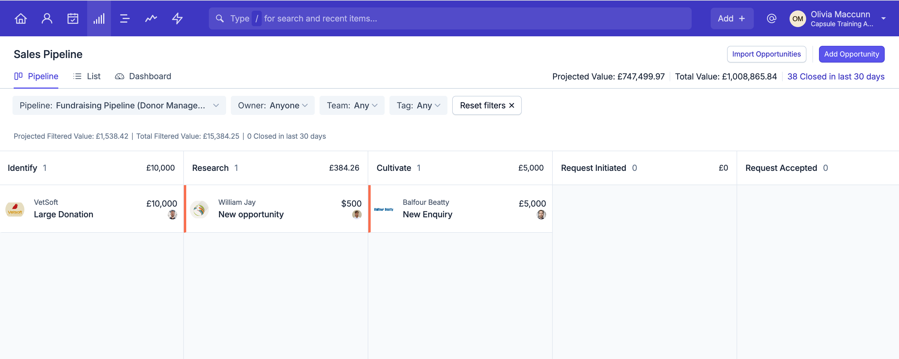 Manage your fundraising in Capsule CRM with the Sales Pipeline feature. Discover our template sales pipeline for managing donations with a CRM