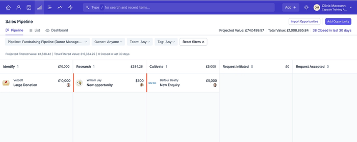 Manage your fundraising in Capsule CRM with the Sales Pipeline feature. Discover our template sales pipeline for managing donations with a CRM