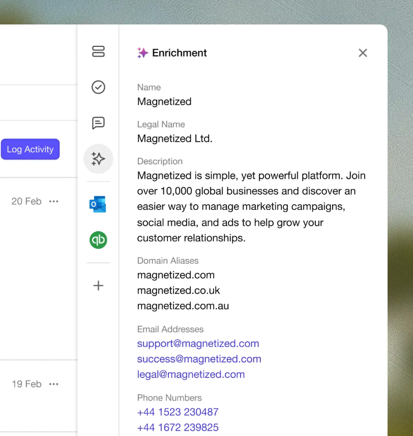 A software panel titled "Enrichment" displays company details for "Magnetized," including its description, domain aliases, email addresses, and phone numbers.