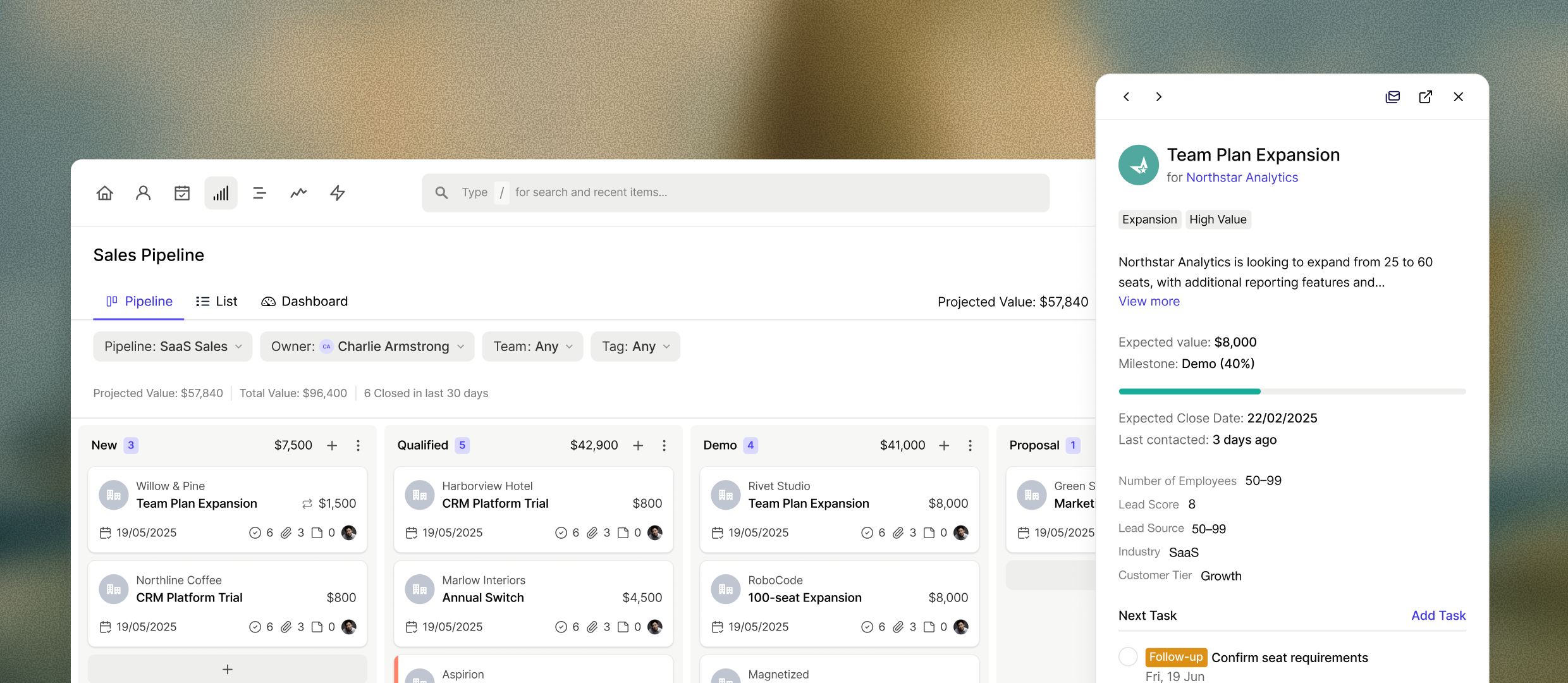 A CRM interface displaying a sales pipeline with categorized deals and a detailed sidebar for a "Team Plan Expansion" opportunity.