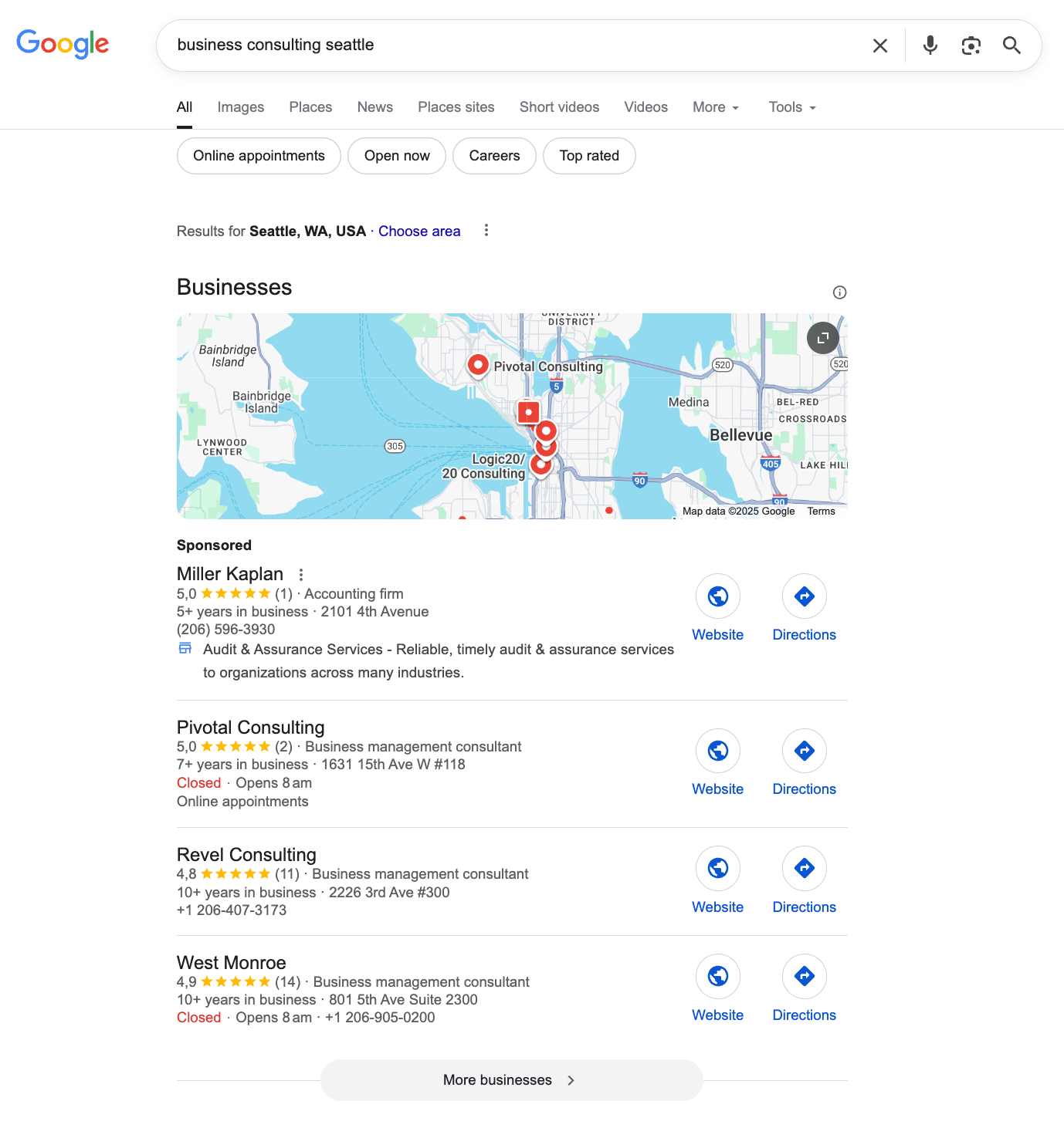 Google search results for business consulting firms in Seattle.