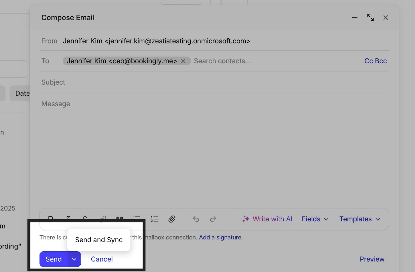 capacidade de clicar em enviar e sincronizar ao enviar um e-mail para um contato