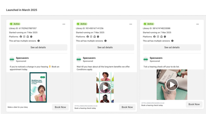 a screenshot of a website showing ads for specsavers