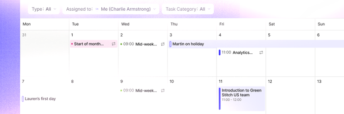 A screenshot shows the updated calendar view in capsule which pulls through your events from Google or Outlook