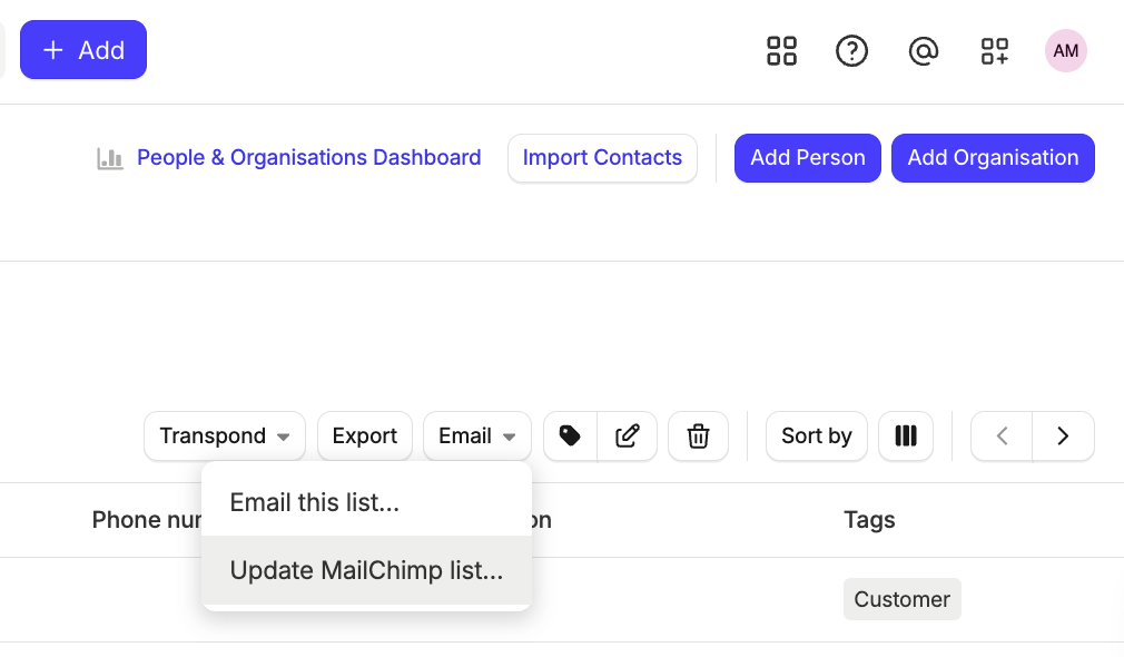 Dropdown to update Mailchimp list or email the list