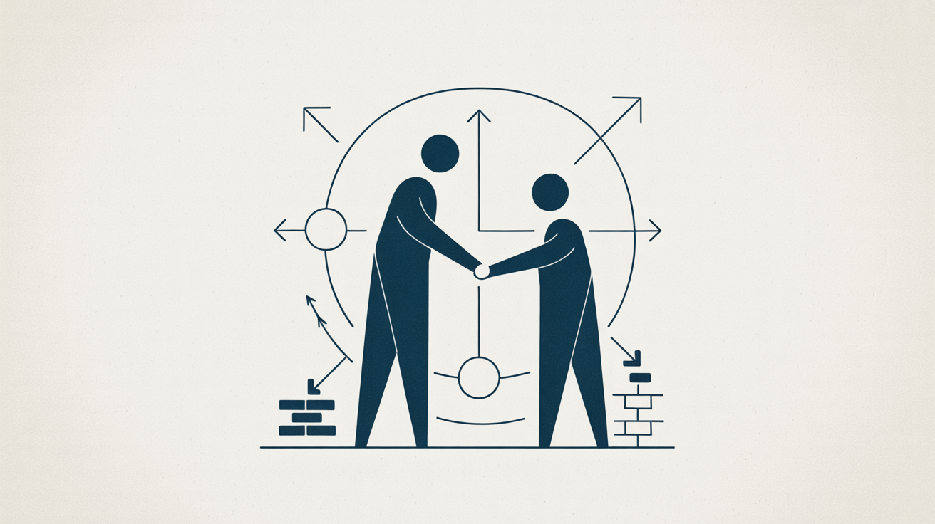 Illustration of a business partnership, with elements of strategic planning and development.