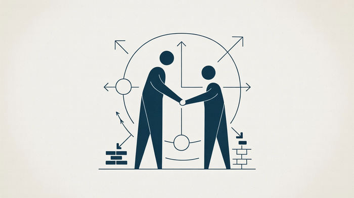 Illustration of a business partnership, with elements of strategic planning and development.