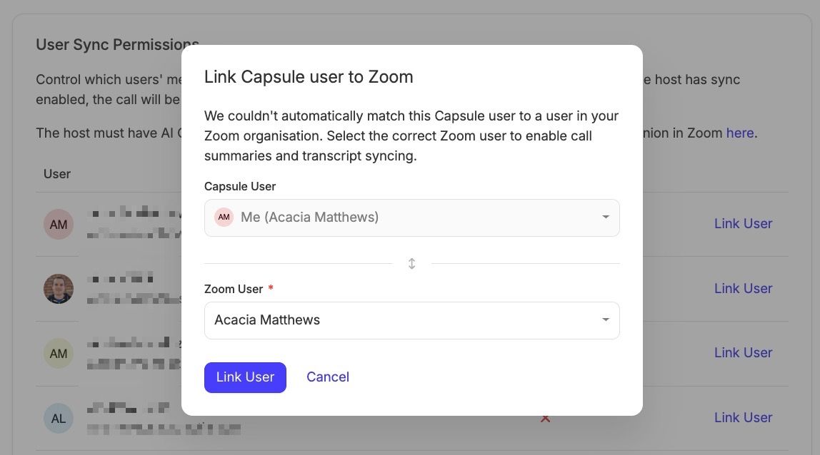 showing modal in capsule settings to link capsule user to zoom user