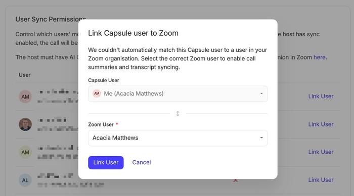 showing modal in capsule settings to link capsule user to zoom user