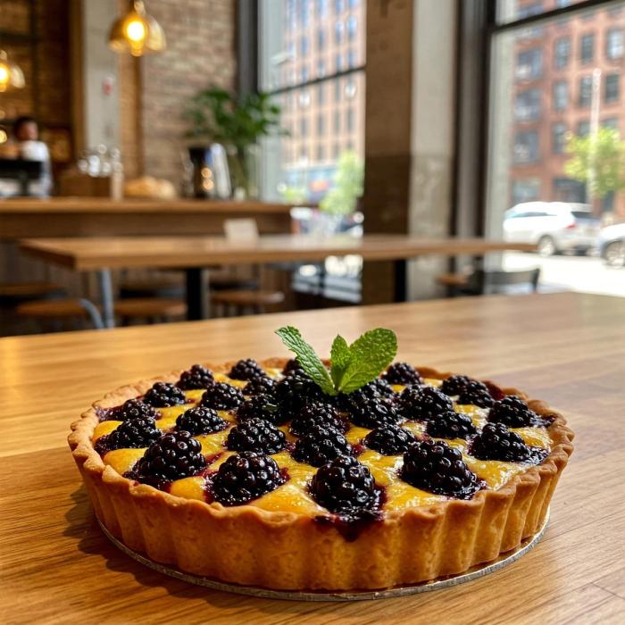 a blackberry tart with a mint leaf on top is sitting on a wooden table .