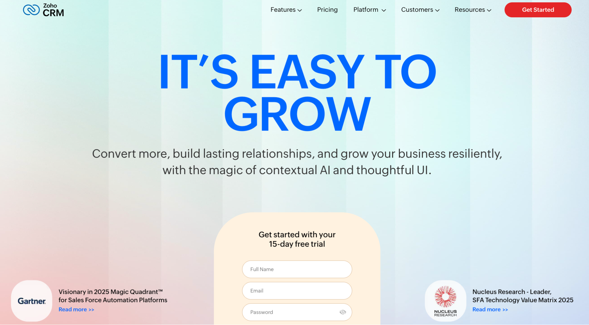 Zoho CRM homepage with the headline "IT'S EASY TO GROW," a free trial sign-up form, and logos for Gartner and Nucleus Research.