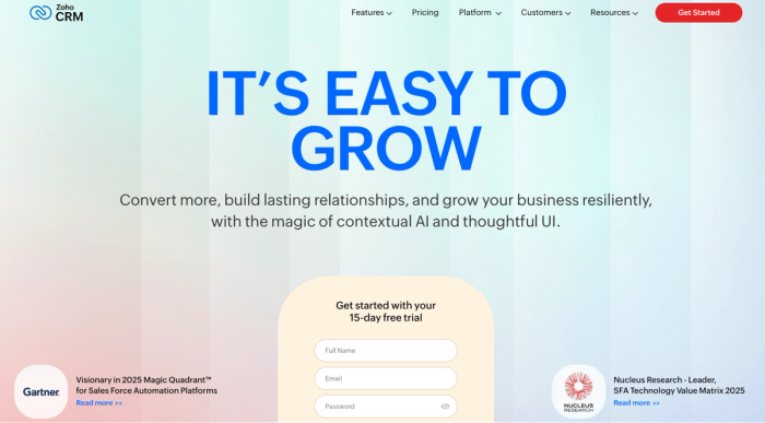 Zoho CRM homepage with the headline "IT'S EASY TO GROW," a free trial sign-up form, and logos for Gartner and Nucleus Research.