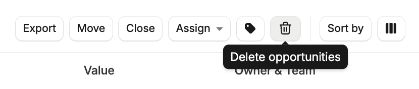 vue en liste des opportunités avec le bouton de suppression groupée mis en évidence