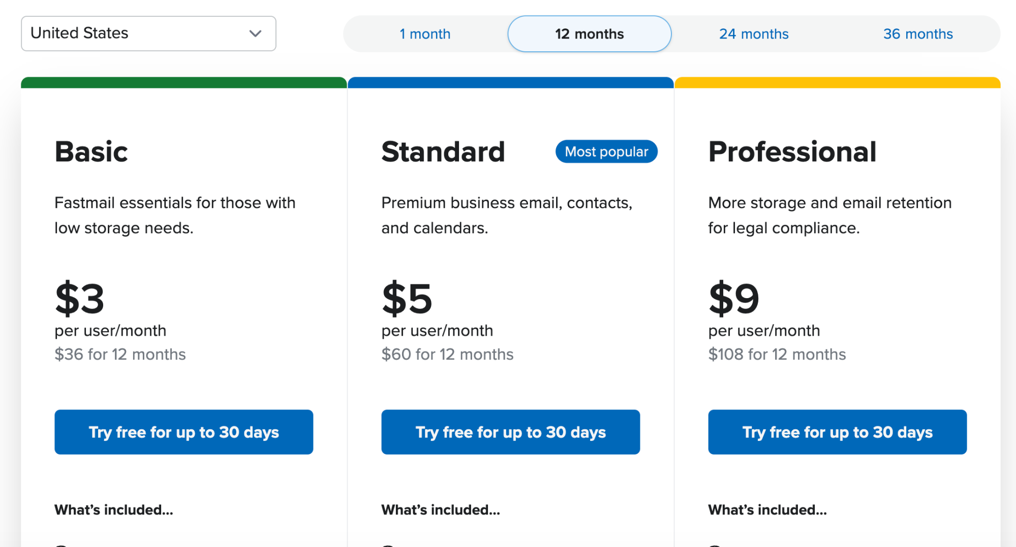A pricing table showing three plans: Basic at $3/month, Standard (most popular) at $5/month, and Professional at $9/month.