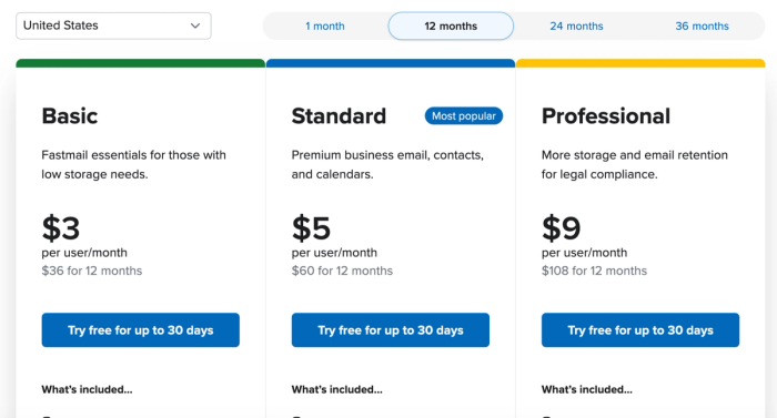 A pricing table showing three plans: Basic at $3/month, Standard (most popular) at $5/month, and Professional at $9/month.