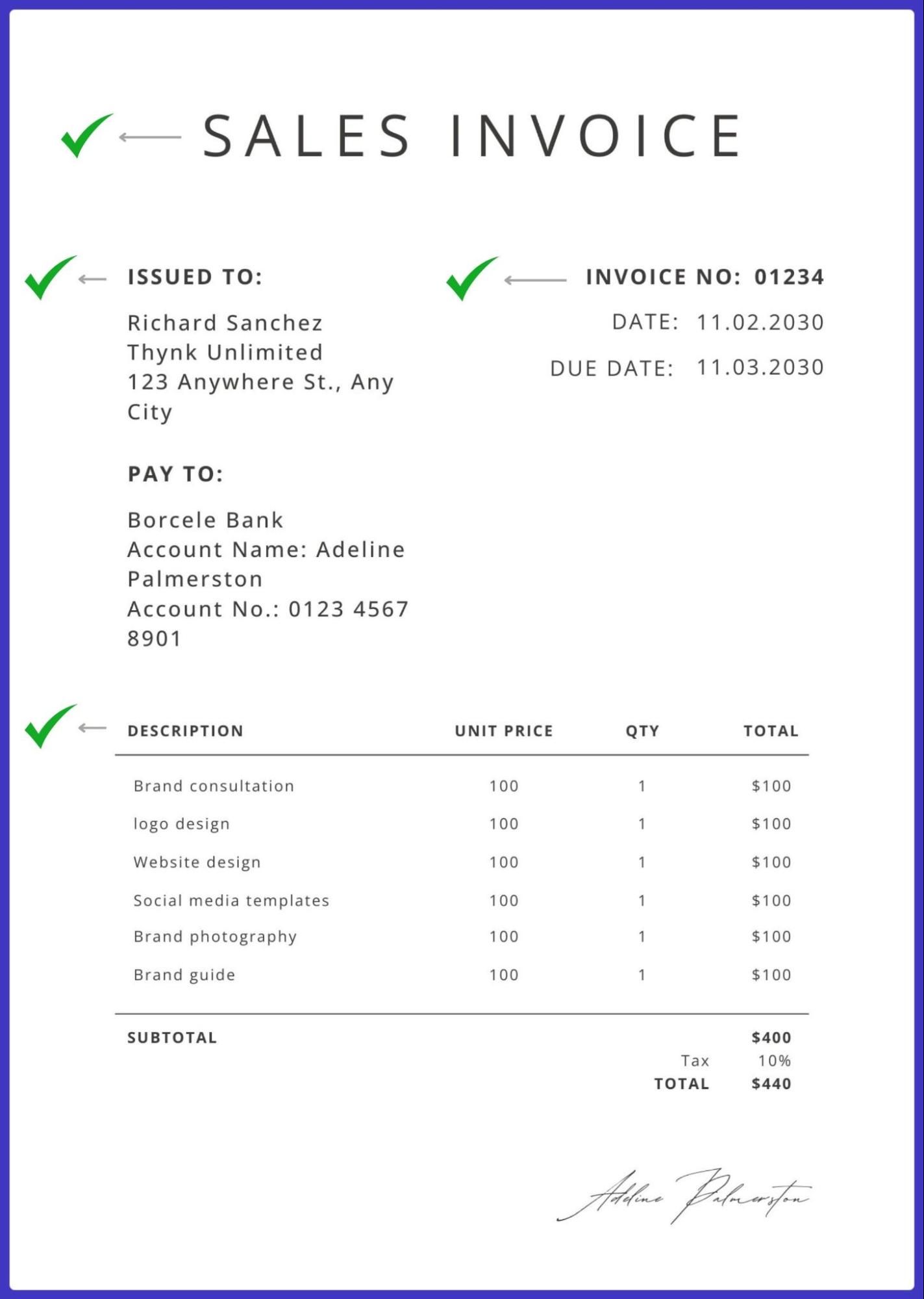 A sales invoice with green marks on it.