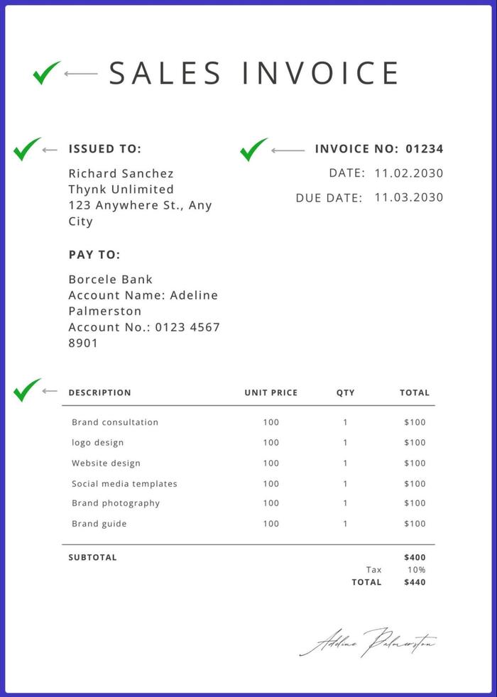 A sales invoice with green marks on it.