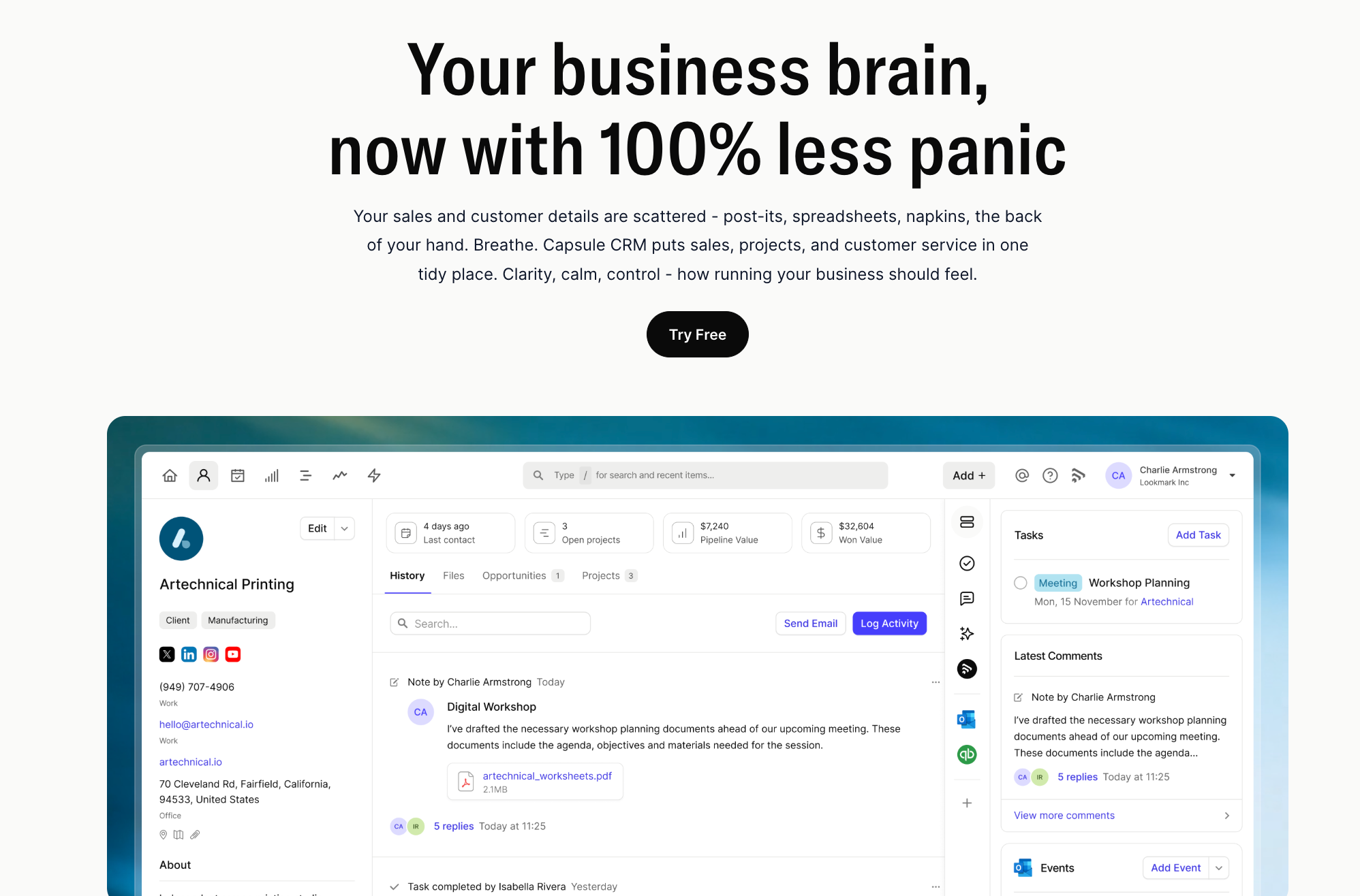 Website for Capsule CRM with the headline "Your business brain, now with 100% less panic", above a screenshot of its dashboard showing client management features.