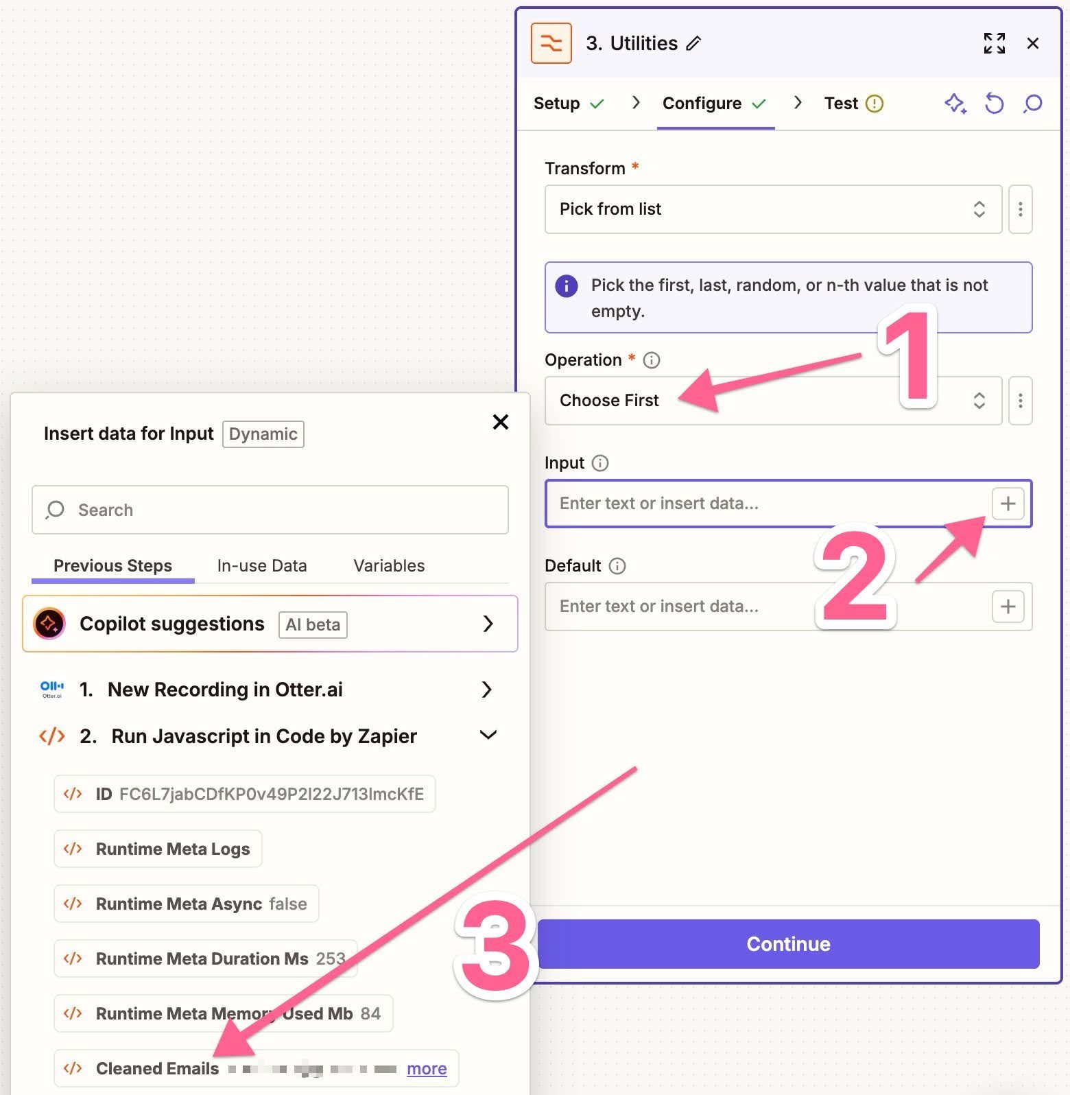 operation/input settings and code field highlighted in zapier formatter step configuration