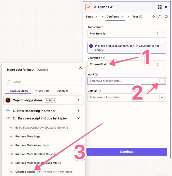 operation/input settings and code field highlighted in zapier formatter step configuration