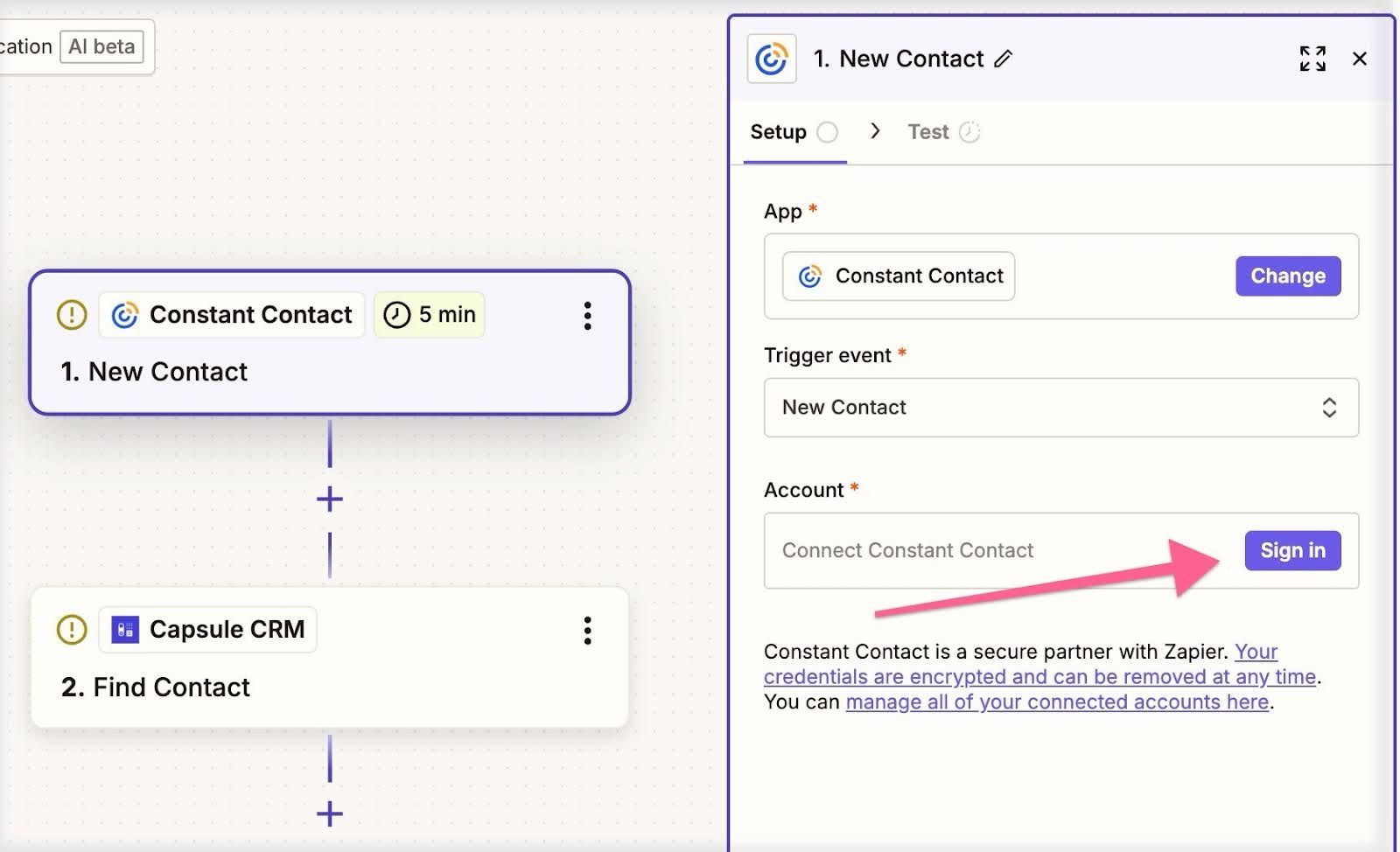 sign in button highlighted for linking zapier to constant contact
