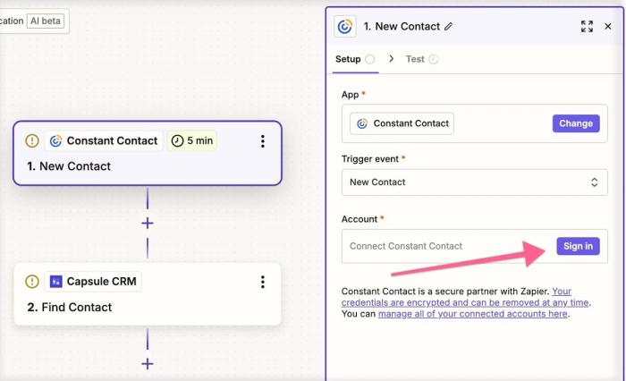 sign in button highlighted for linking zapier to constant contact